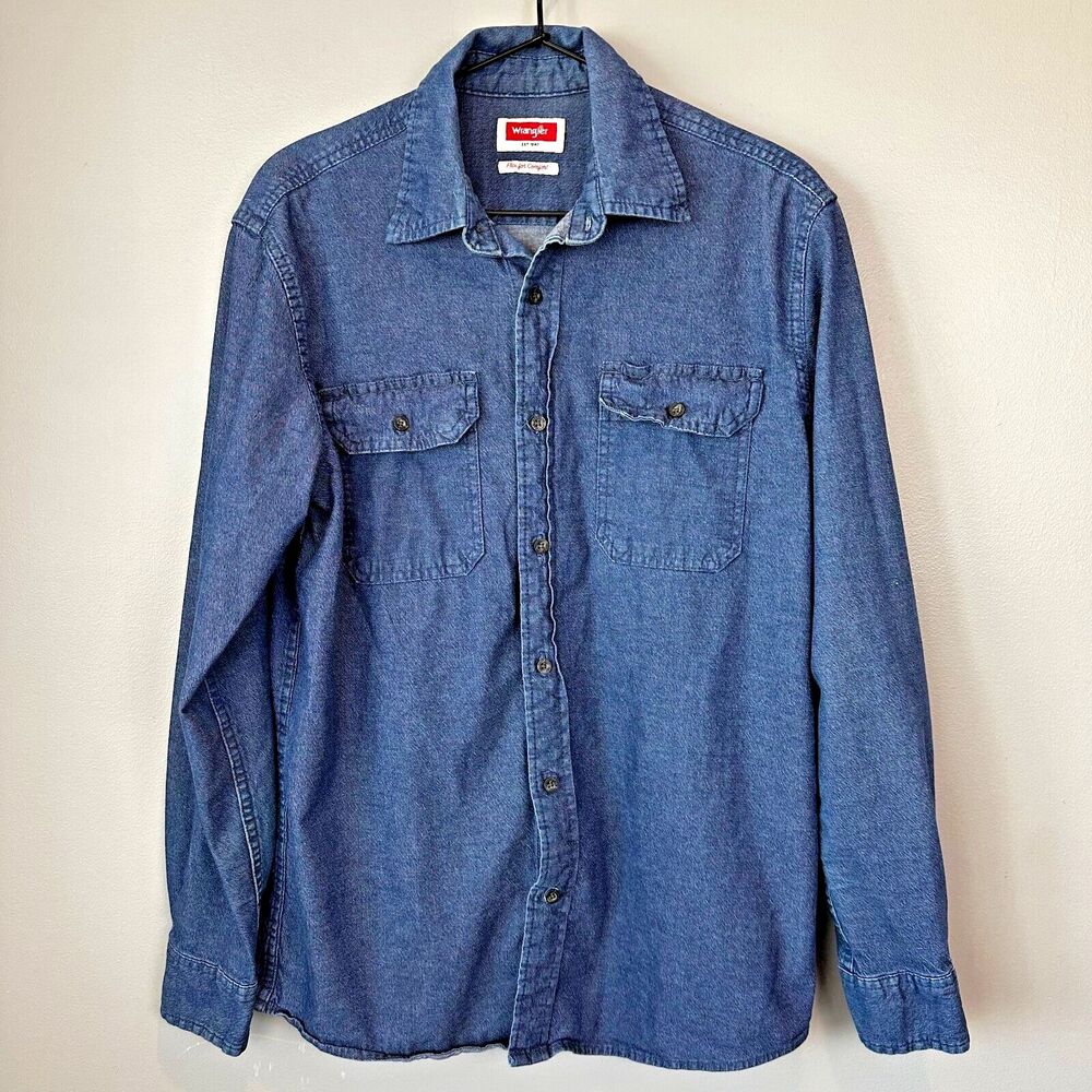 Wrangler Shirt Mens Small Blue Flex for Comfort Long Sleeve Button Down Denim